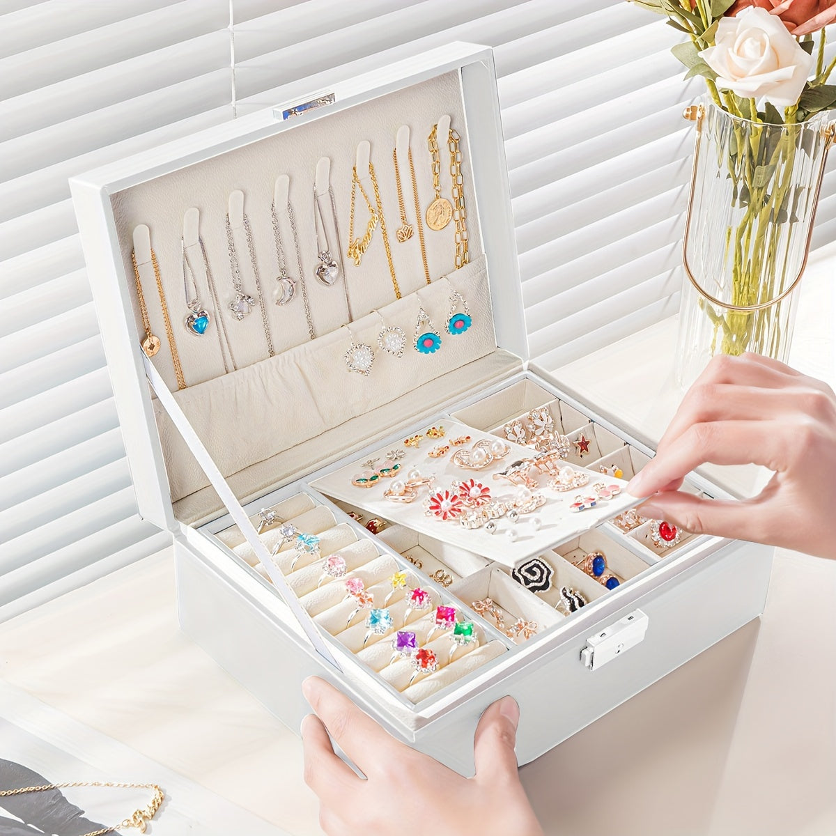 Leather Jewelry Box with Key Lock for Necklaces Earrings and Watches