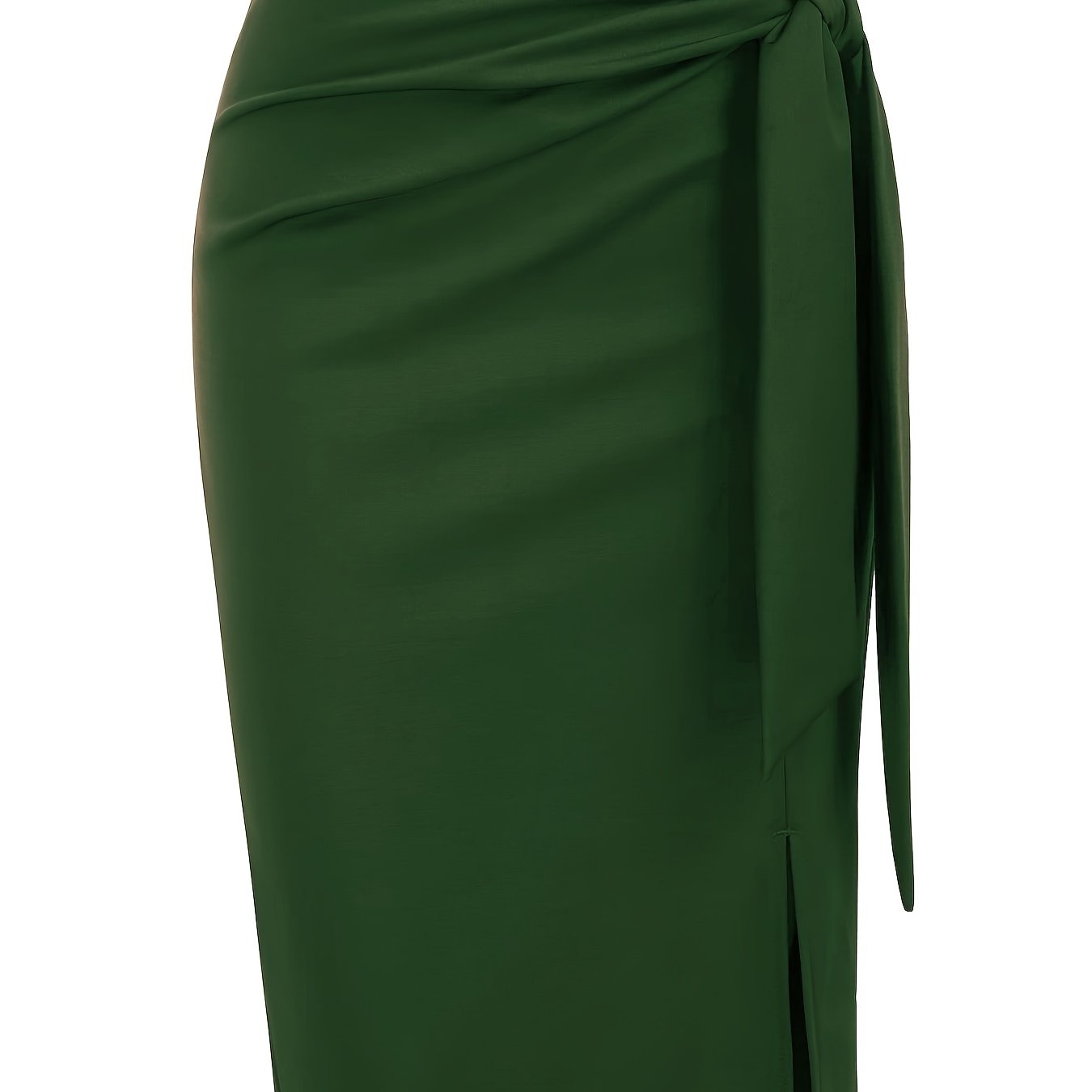 Women's High-Waisted Knee-Length Skirt with Bow and Slit in Solid Color