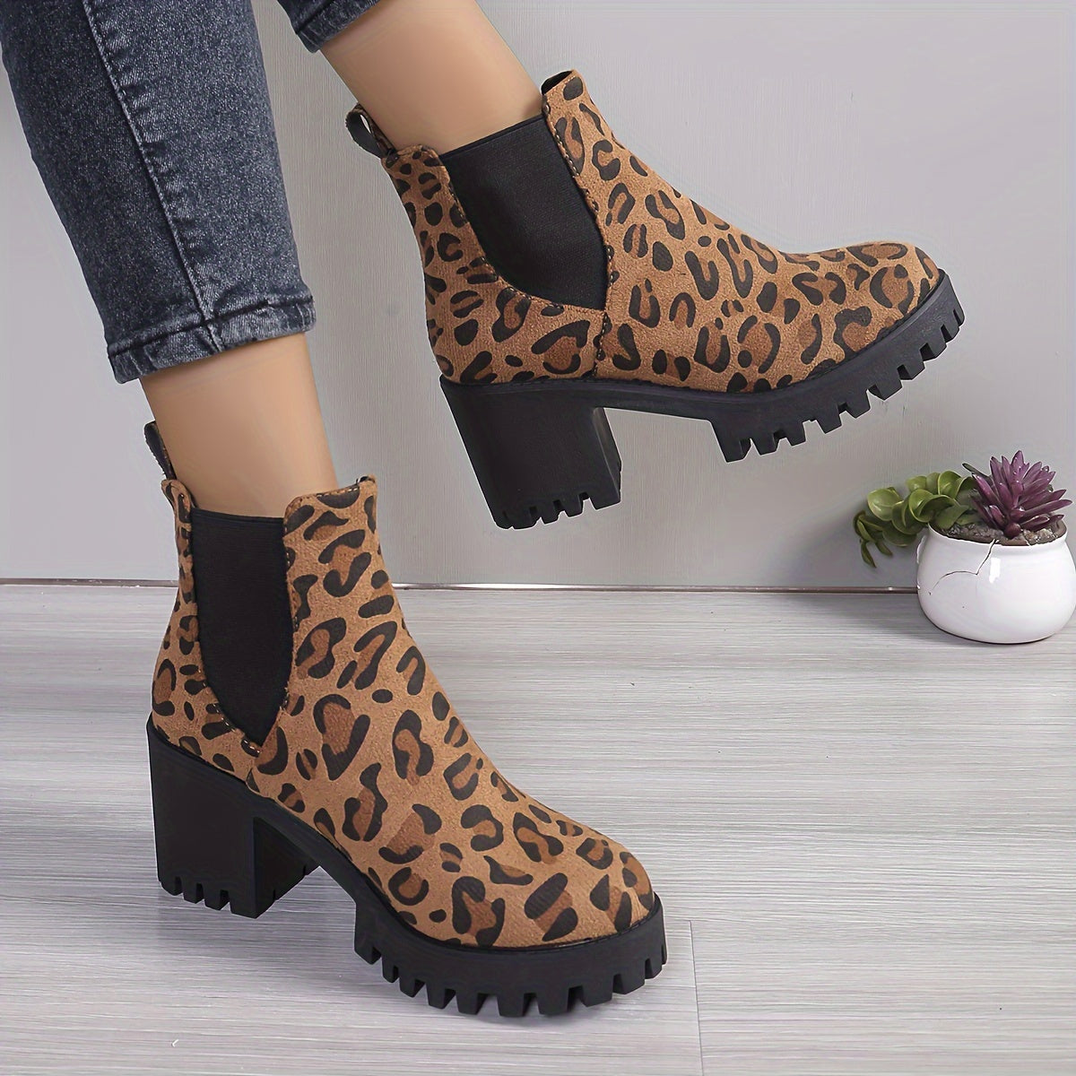 Women's Short Boots With Chunky Heel, Stretch Fabric, Comfortable Ankle Shoes