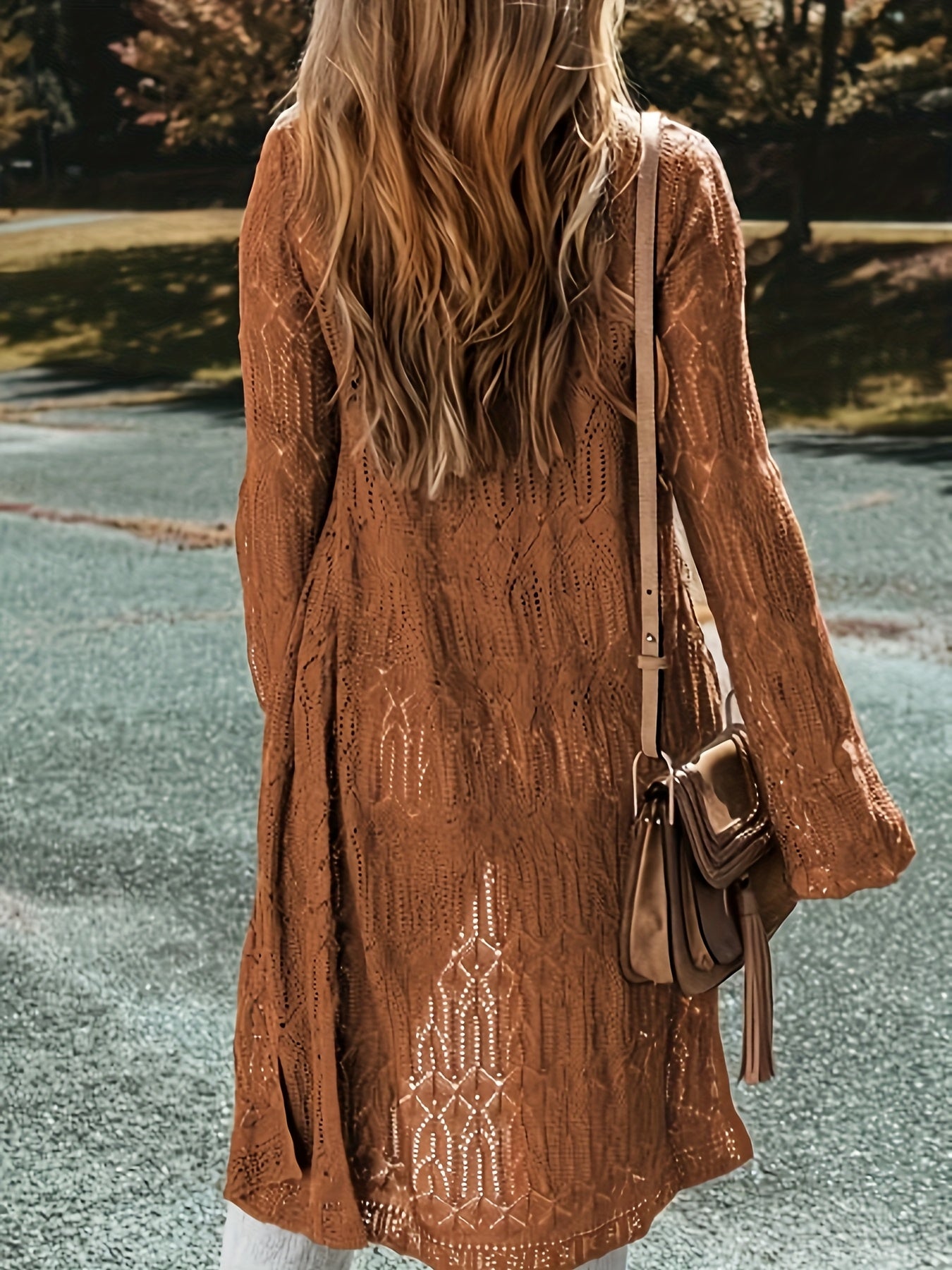 Ayollar uchun kattaroq o'lchamli kroshéli qoplama, jigarrang, uzun qo'lqopli, plyaj ta'til uslubi