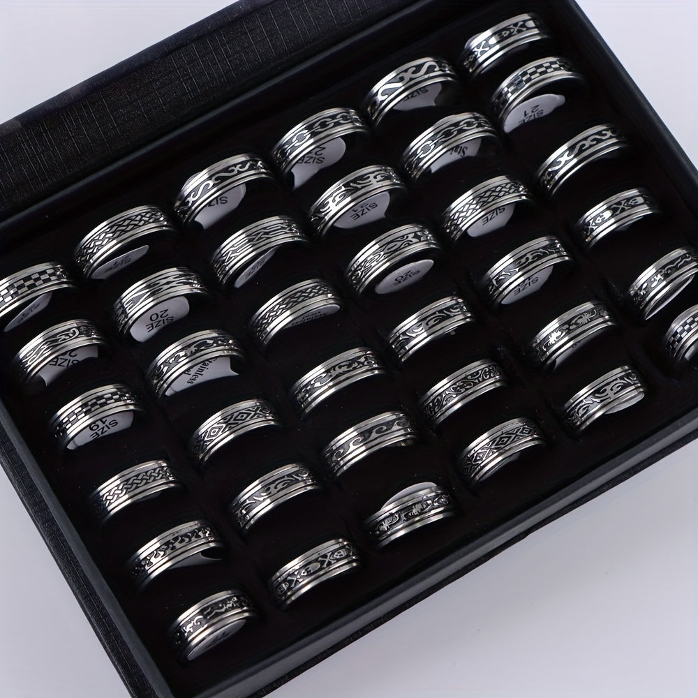 Set of 10 Unisex Black Stainless Steel Spinner Rings Vintage Style for Men Women