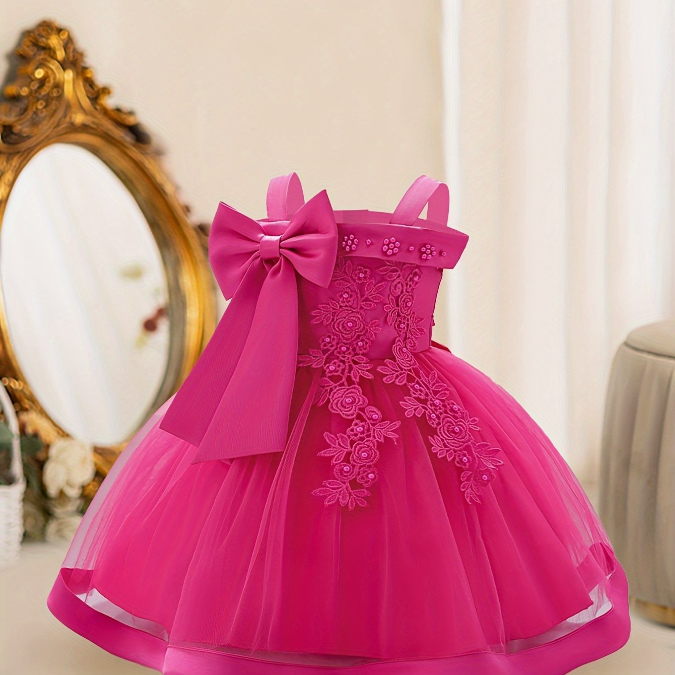 Girls Sleeveless Flower Embroidered Midi Dress with Bowknot for Formal Parties