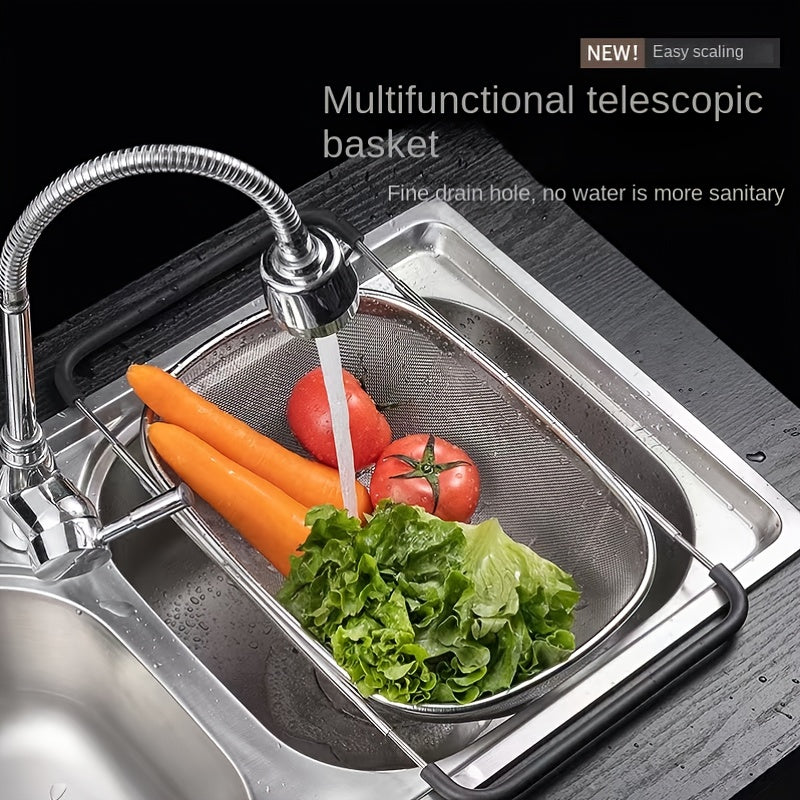 Kitchen Telescopic Mesh Basket and Stainless Steel Sink Drain for Washing Fruits