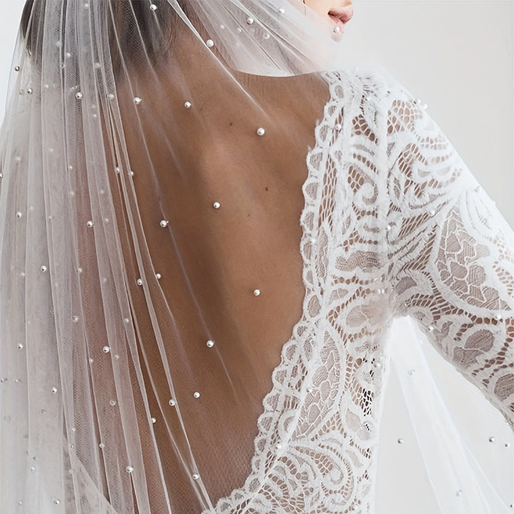 Wedding Veil with Comb Church Floor Long Triple Wide Rice Pearl Bridal Accessory