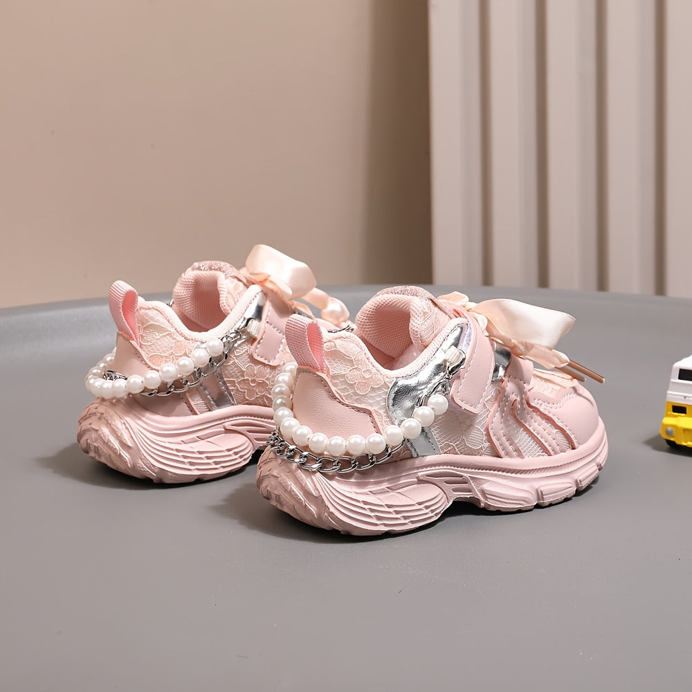 Toddler Girls Sneakers with Pearl Chain Casual Lace-Up Breathable Fabric EVA Sole Beaded Design for Spring Fall
