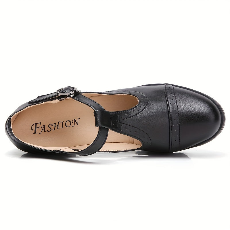 Women's T-Strap Chunky Heels Retro Buckle Oxford Pumps for Office