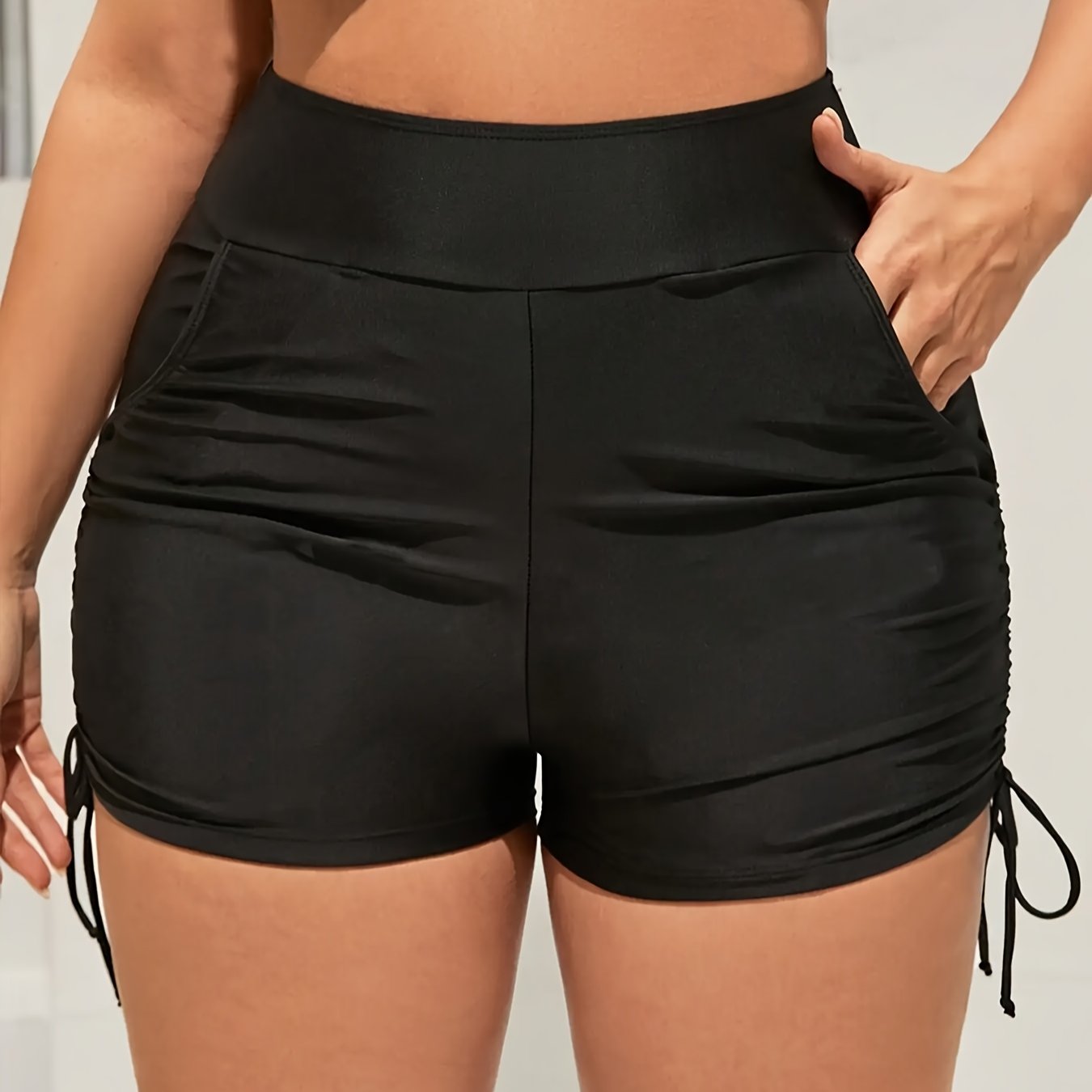 Plus Size High-Waist Bikini Bottoms Solid Color Stretchy Machine Washable