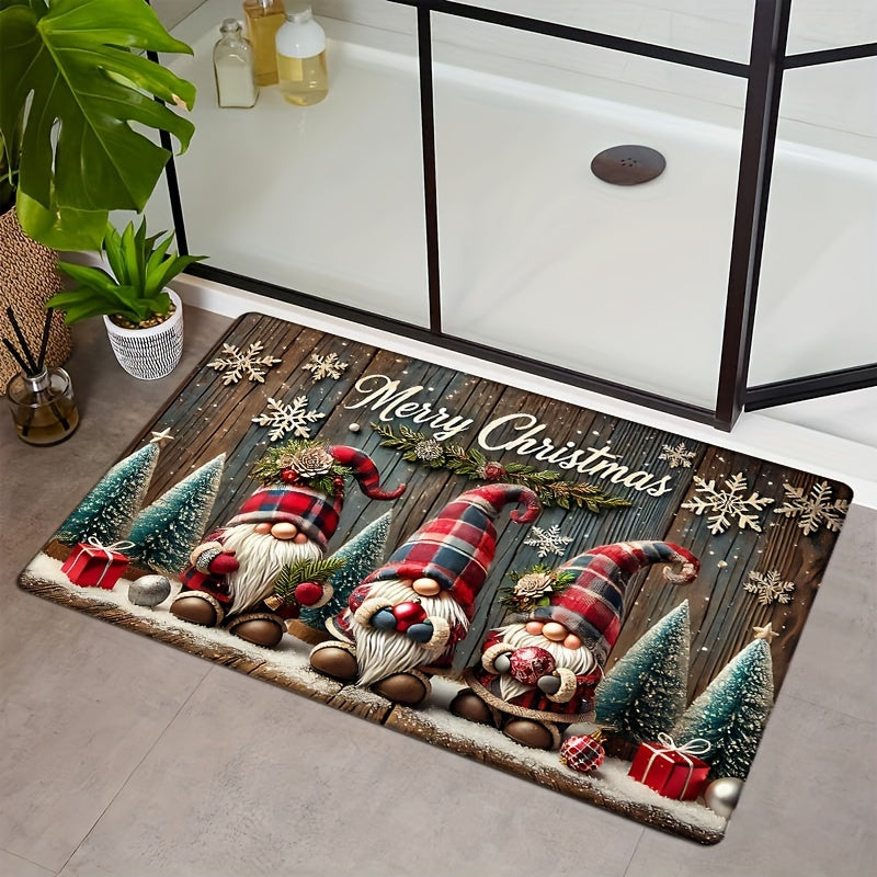 Cozy Christmas Gnome Flannel Door Mat Non-Slip Absorbent Rug for Entryway