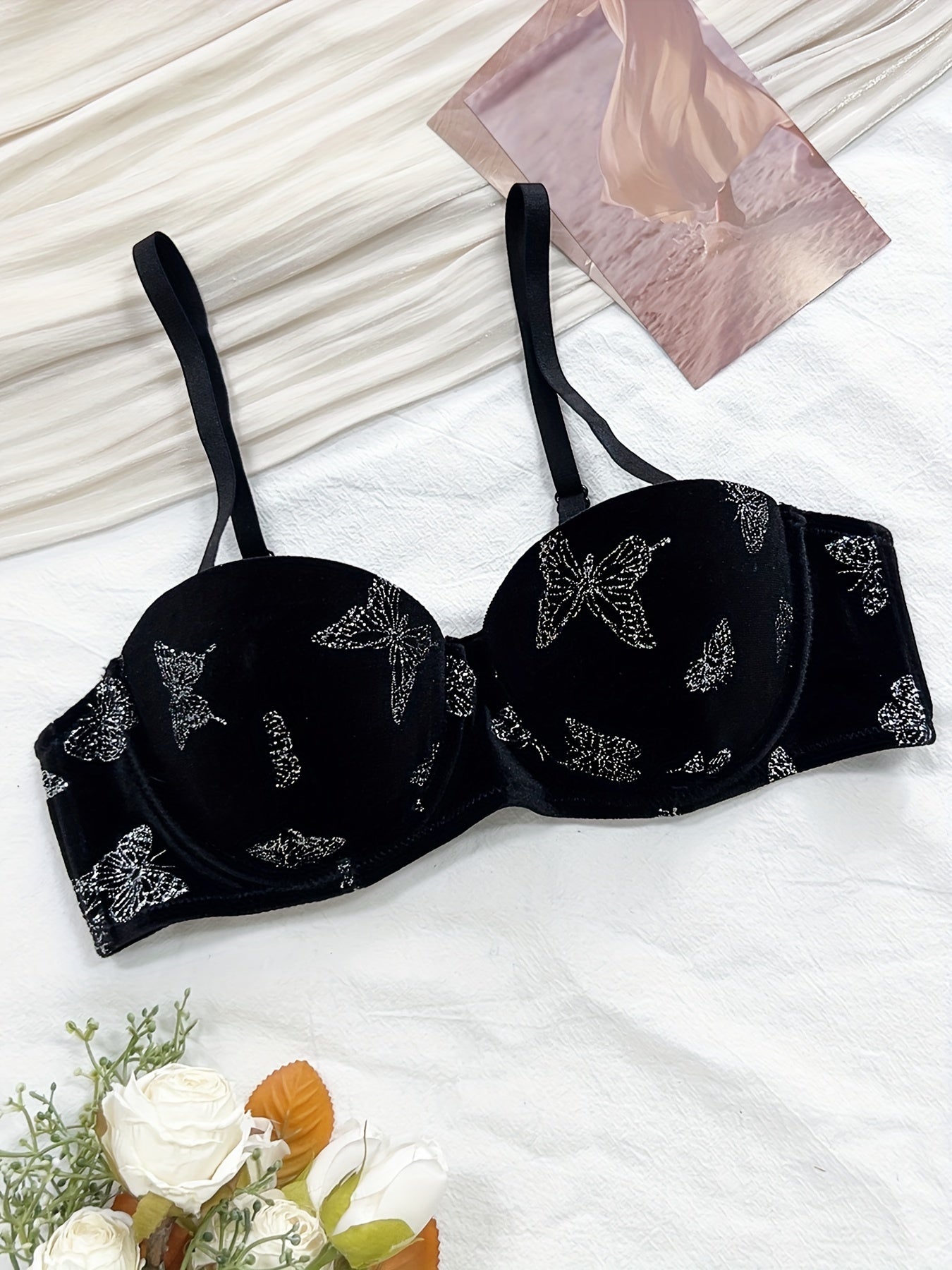 Velvet Butterfly Print Lingerie Set for Women Camisole and Panties