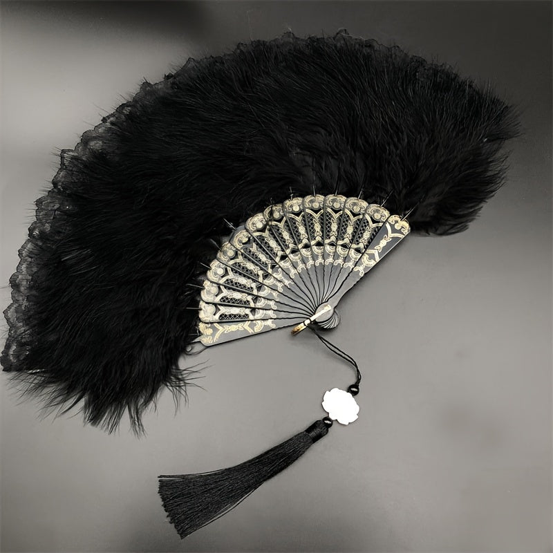 Handcrafted Feather Fan with Lace Edge and Jade Accent for Performances