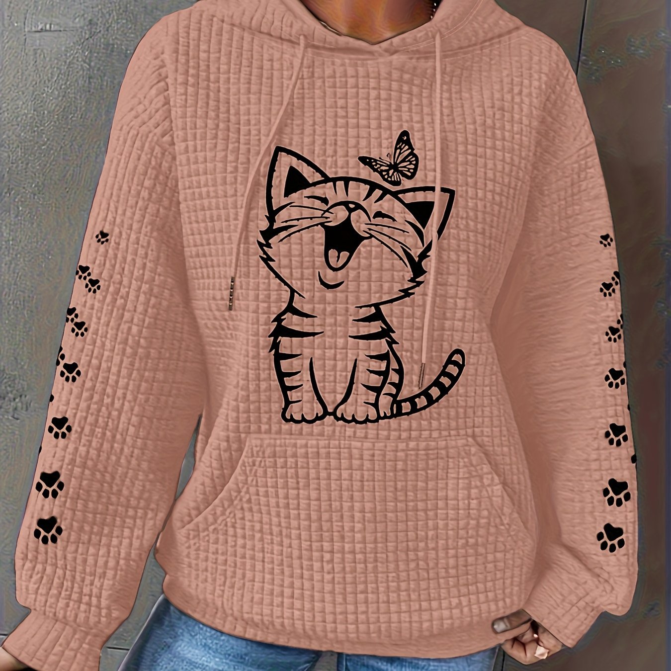 Women's Cat Pattern Waffle Hoodie Long Sleeve Casual Sweatshirt Large Size