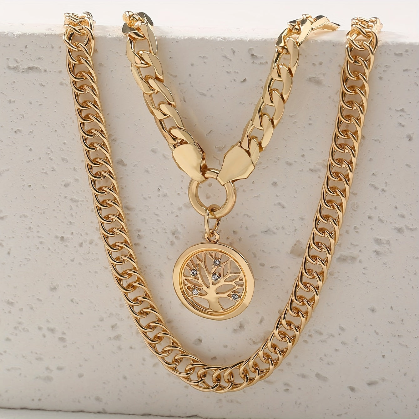 Set of 2 Inlaid Zirconia Tree Pendant Necklaces with Cuban Link Chain for Women