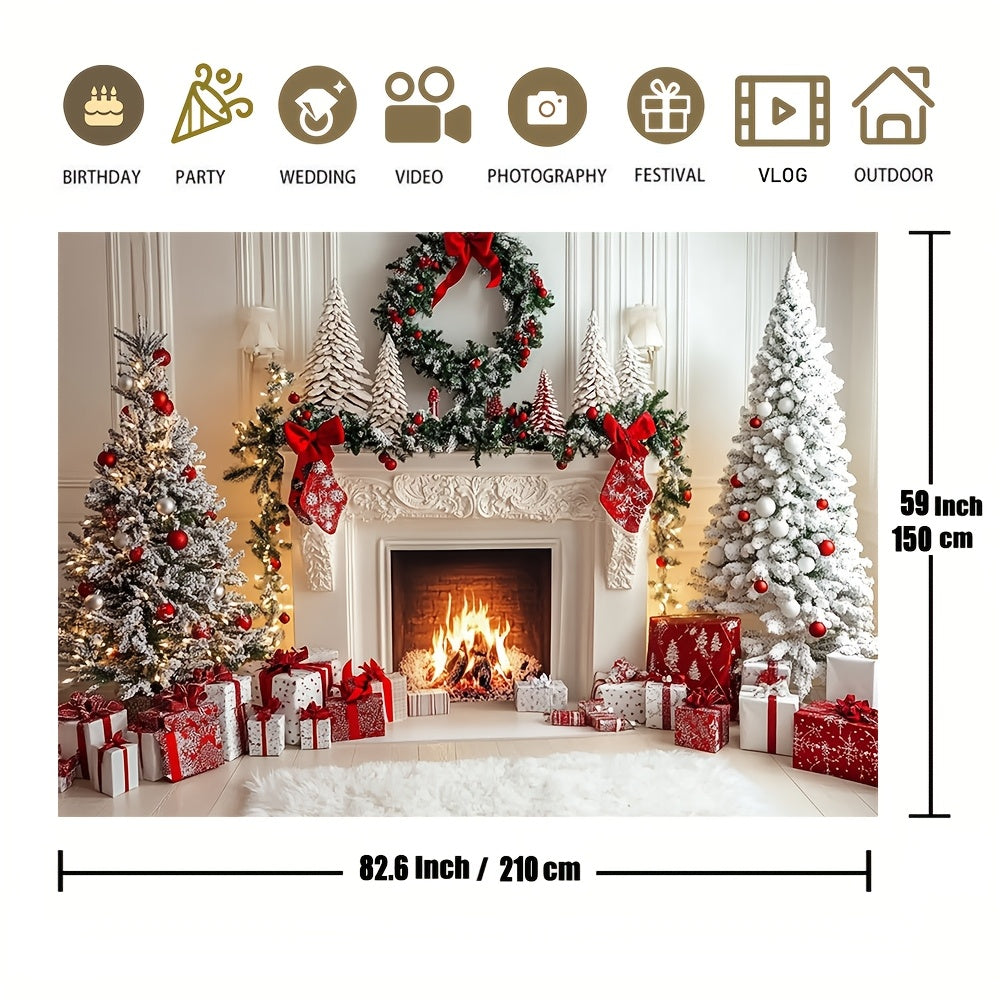 Christmas Fireplace Backdrop Polyester Holiday Photo Booth Decor