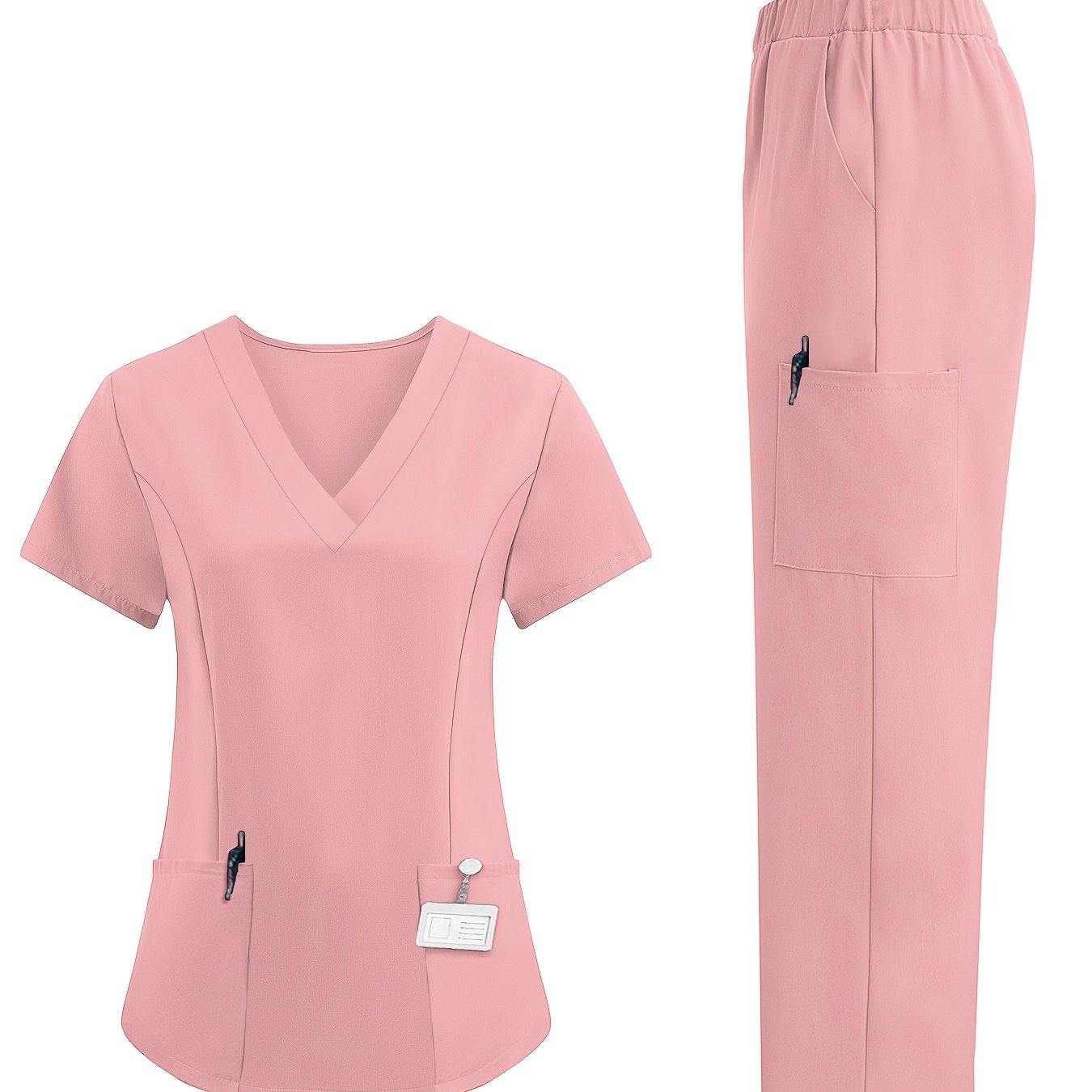 Short-Sleeve V-Neck Work Shirt with Patch Pocket and Hand-Washable Polyester