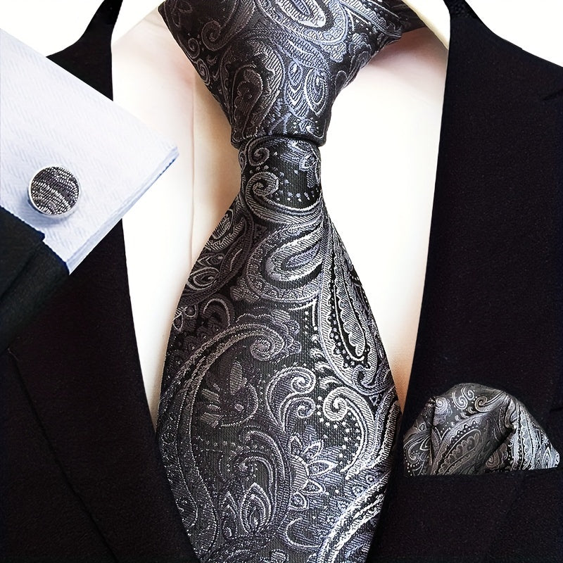 Men's Paisley Tie Pocket Square Cufflink Set Polyester Woven for Weddings Parties Business