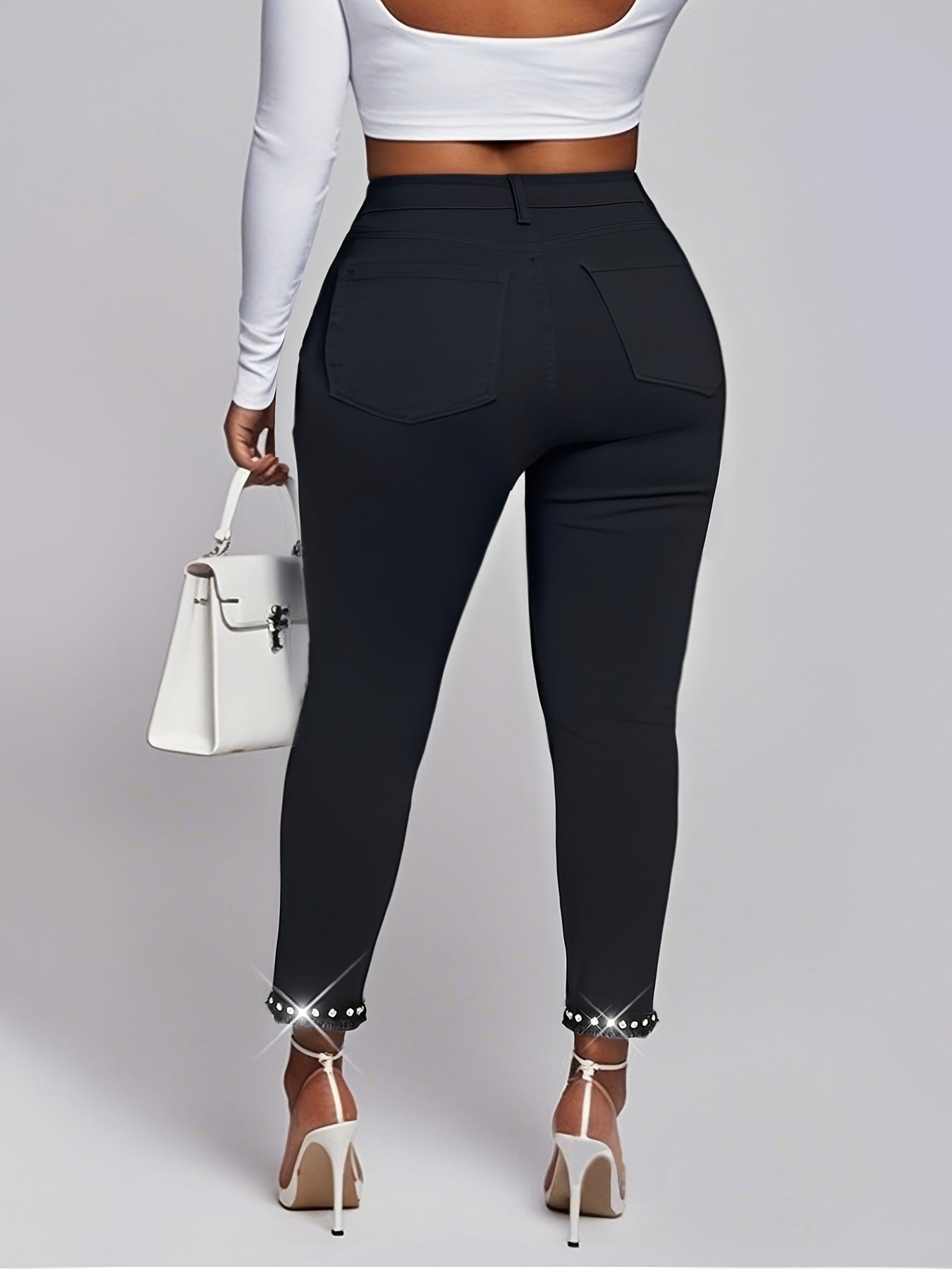 Pantalones de mujer de talla grande con dobladillo de diamantes y nueve décimas, casuales y ajustados