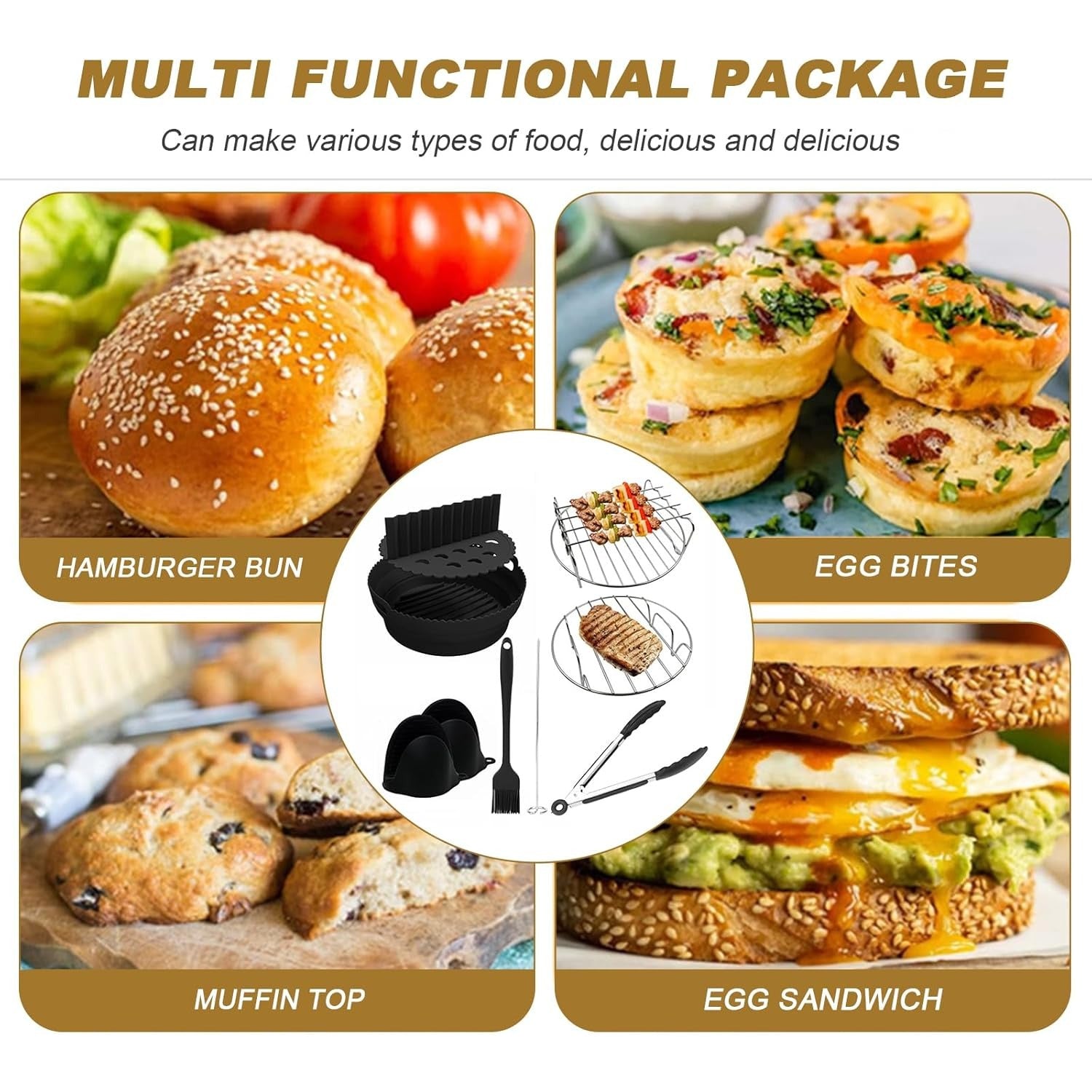 8-chiqishli Havo Fritöz uchun aksessuarlar to'plami, Silikon savat va po'lat rack bilan