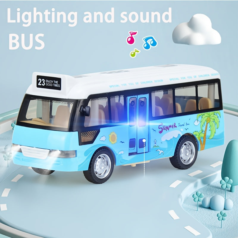 Friction-Powered School Bus Toy with Lights and Sounds for Kids Ages 3+ Sky Blue Pink Diecast Plastic