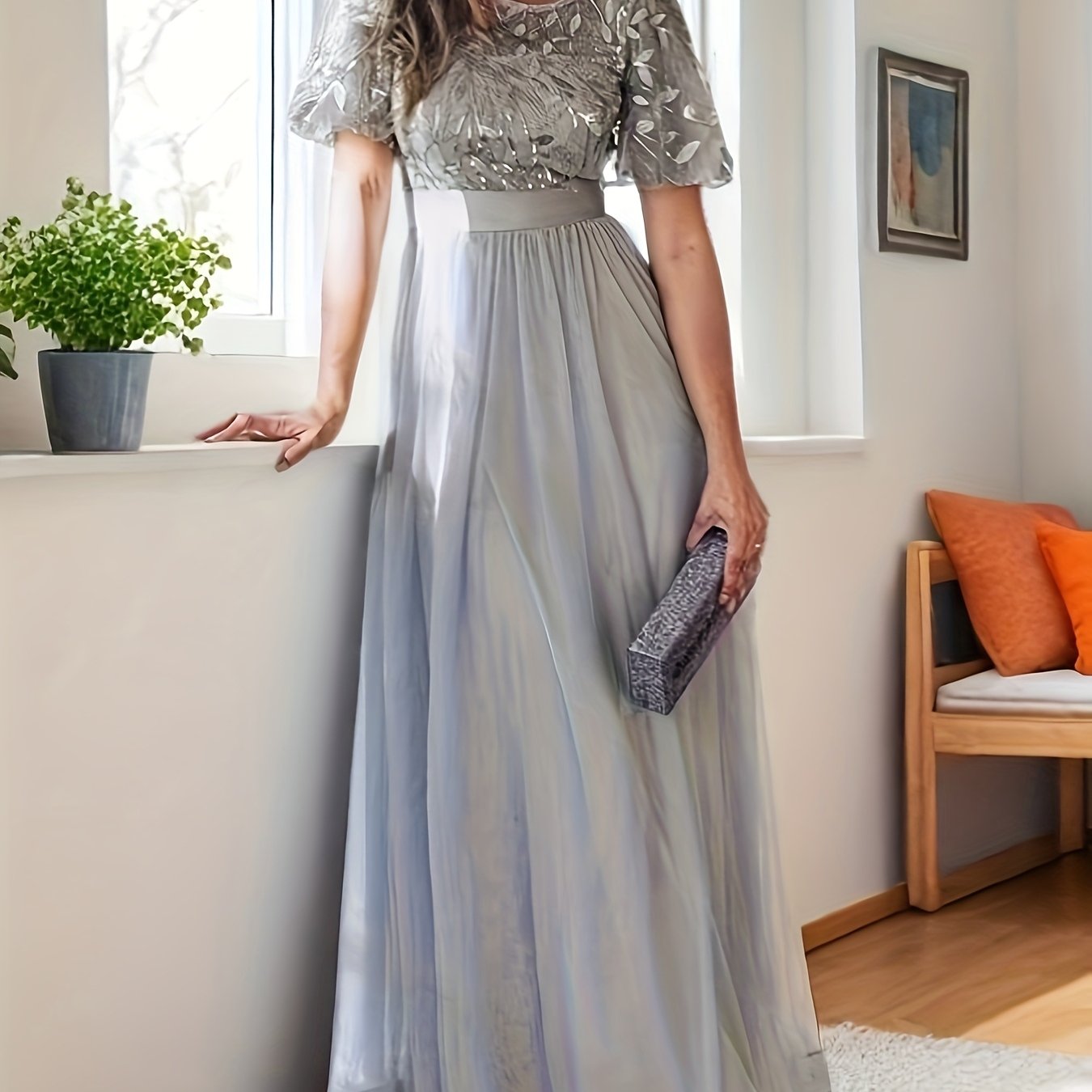 Plus Size Evening Gown A-Line Mesh Splicing for Banquets and Parties