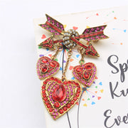 Rhinestone Enamel Heart Brooch with Fringe and Love Arrow Pin for Women
