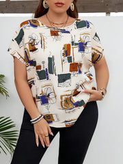 Women's Plus-Size Casual Art Sketch Round-Neck Short Sleeve Pullover Top