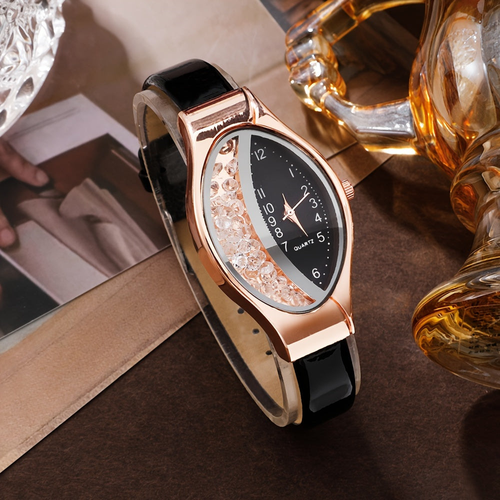 Quartz Watch for Women with Black Dial and PU Strap, Zinc Alloy Hands, Gift for Mother's Day Easter Ramadan Eid