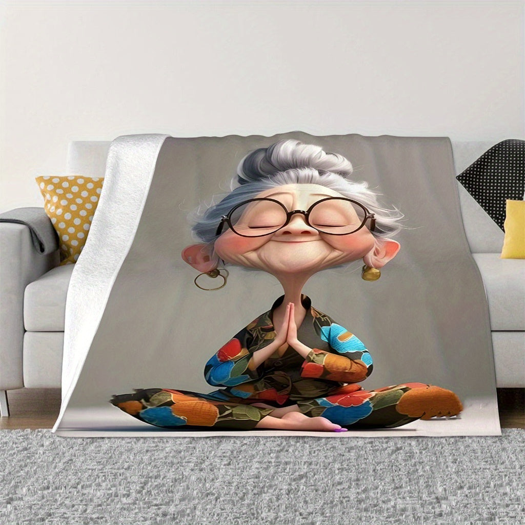Meditating Grandma Fleece Blanket Soft Warm Cozy for Nap Travel Camping Sofa Bed Office Decor
