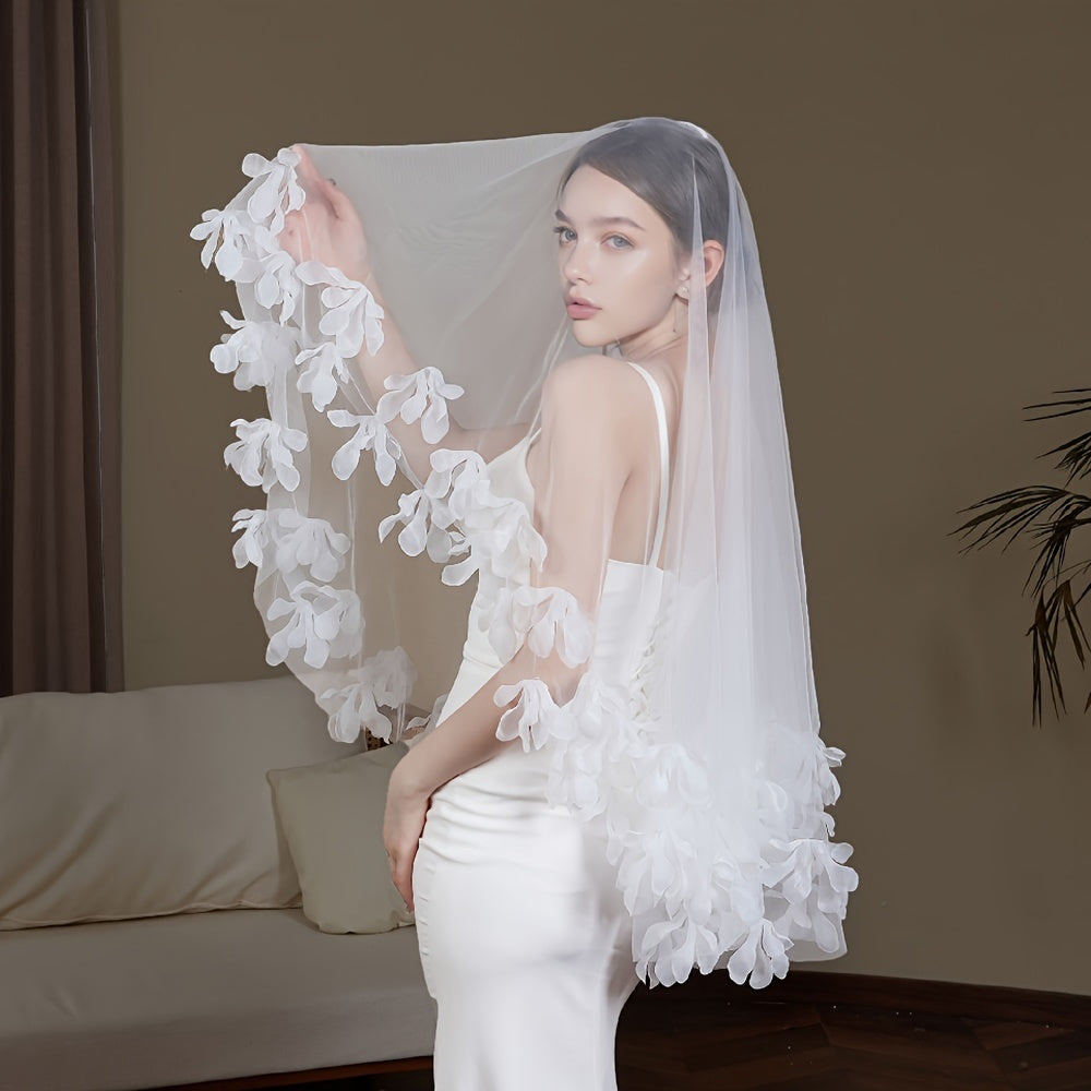 Handcrafted Bridal Veil with Floral Embroidery and Yarn Headpiece for Weddings