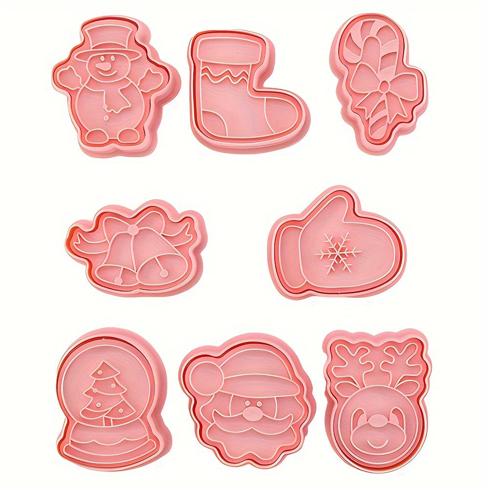 Set of 8 Plastic Christmas Cookie Cutters with Stamps for Holiday Baking