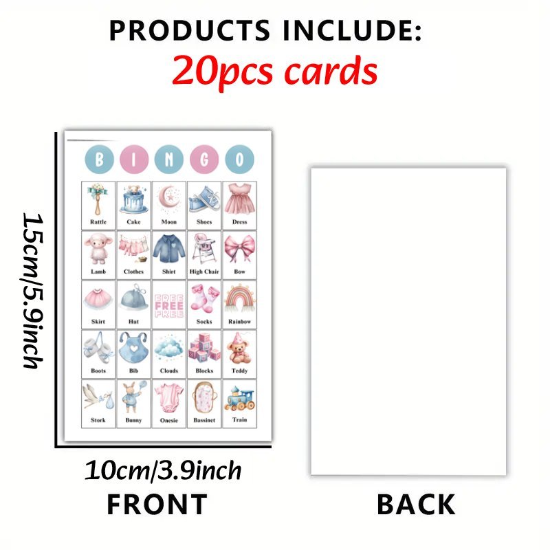 Set of 20 Baby Shower Bingo Cards for Gender Reveal Party Game Blue Pink Designs