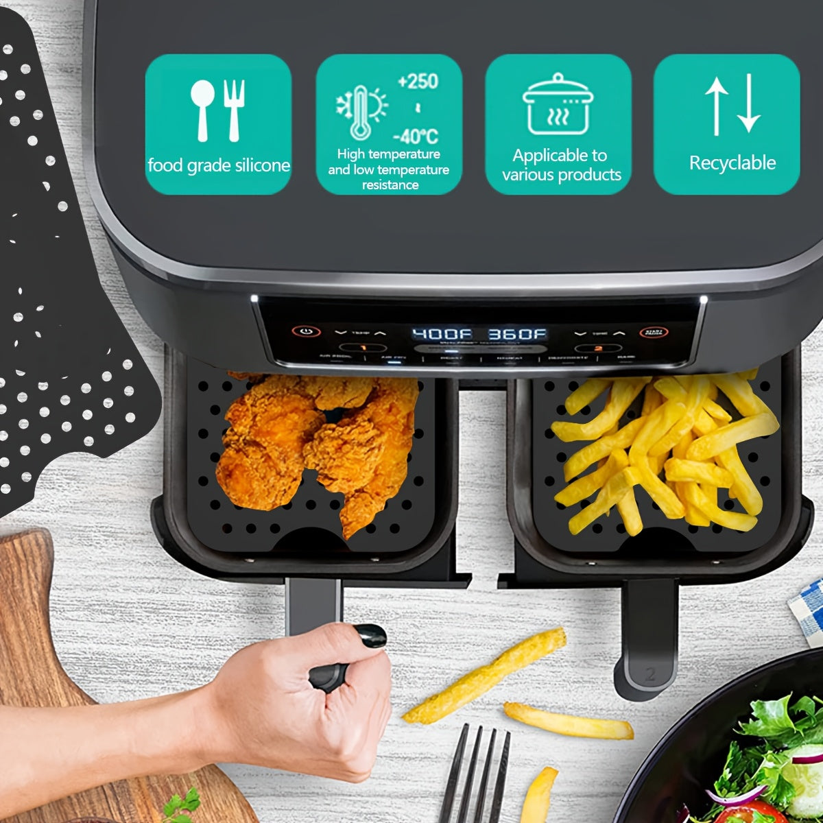 Juego de 2 rejillas de acero inoxidable para freidora de aire con brochetas y revestimientos de silicona para Ninja Air Fryer