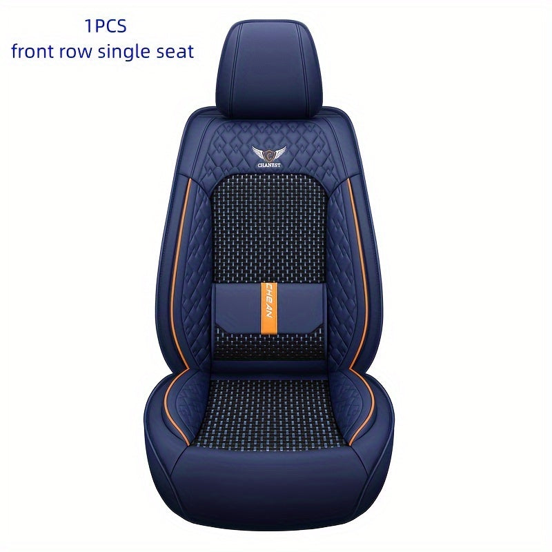 Fundas de asientos de coche de lujo para vehículos de 5 plazas, azul marino y naranja, malla transpirable, cuero PU