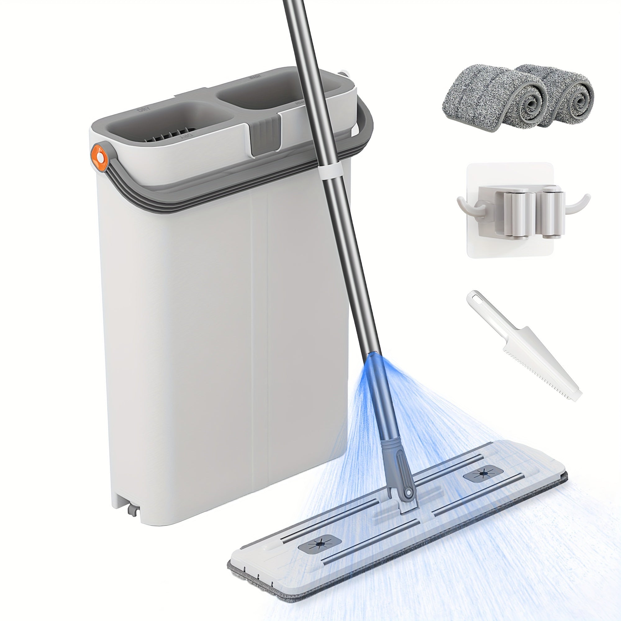 Uy uchun mop va kova to'plami, 2 ta tekis mop, 2 ta mato, qirqish, 360° buriladigan bosh bilan