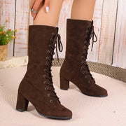 Women's Solid Color Lace-Up Casual Chunky Heel Boots