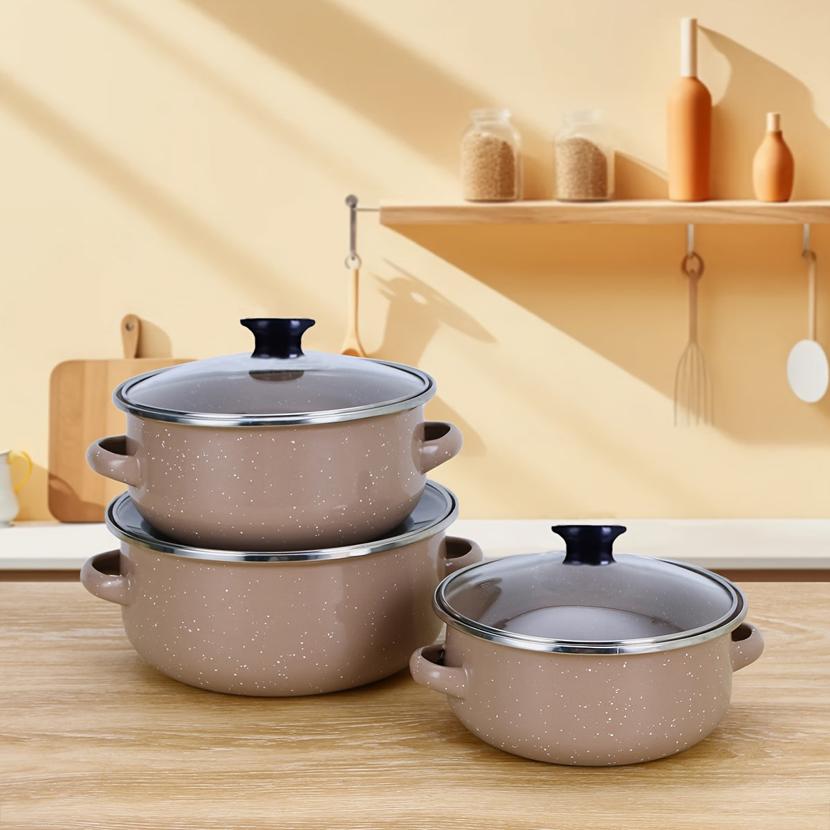 Enamel Cookware Set 3-Piece Lightweight Soup and Stew Pots for Induction Gas Stoves