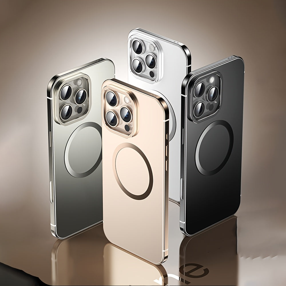 iPhone 16 Pro Max Case Stainless Steel Frame Magnetic Wireless Charging Frosted PC Back Cover