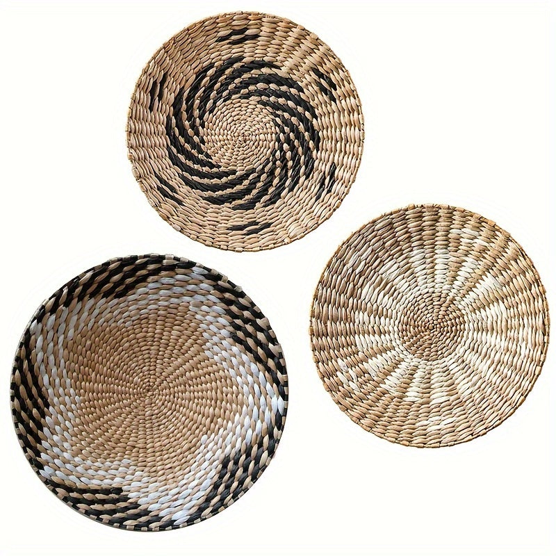 Set of 3 Handmade Bohemian Reed Wall Baskets Rustic Farmhouse Hanging Decor for Living Room Bedroom