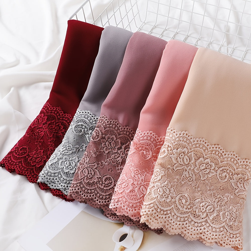 Women's Chiffon Hijab Scarf with Lace Trim Breathable Polyester Solid Color for Outdoor and Decorative Use