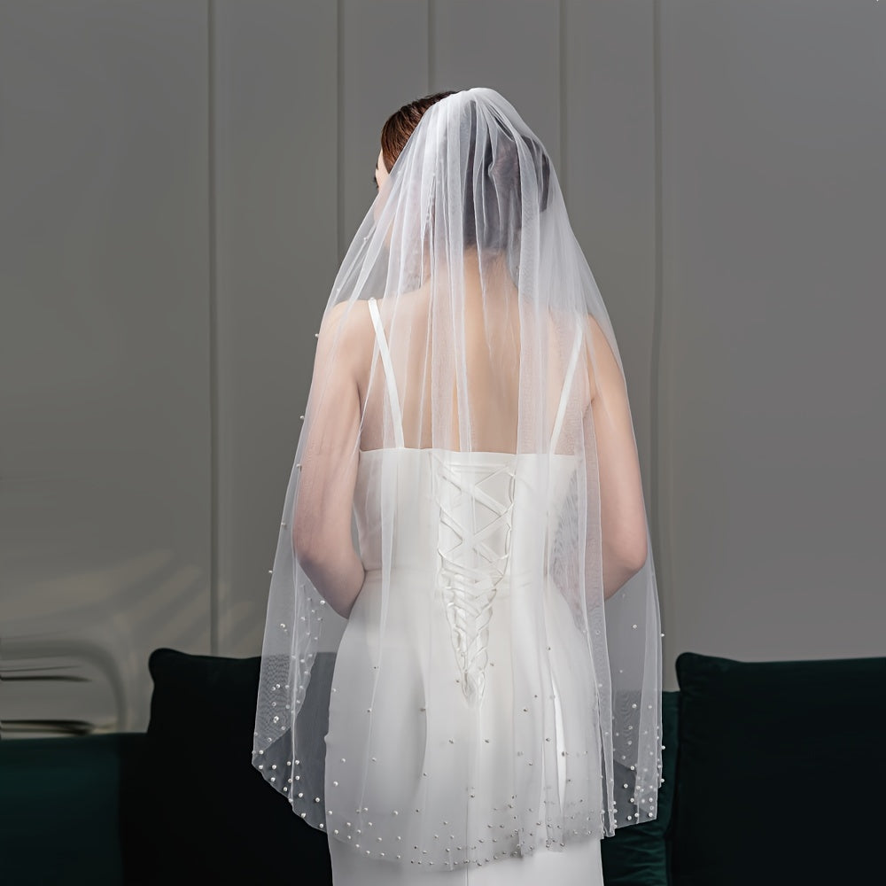 Bridal Veil with Imitation Pearls and Comb Nylon Wedding Accessory