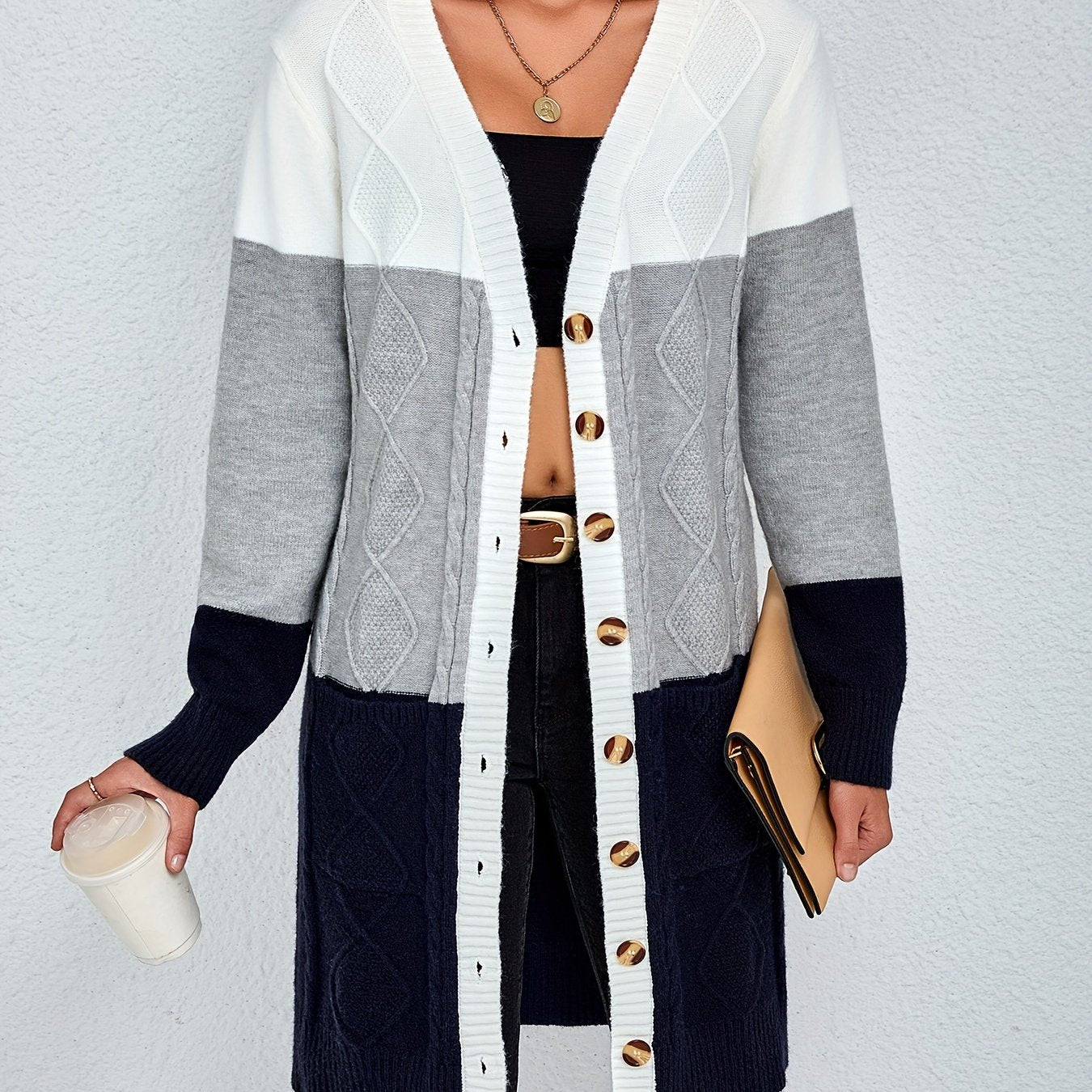 Women's Color Block V-Neck Knit Cardigan with Long Sleeves