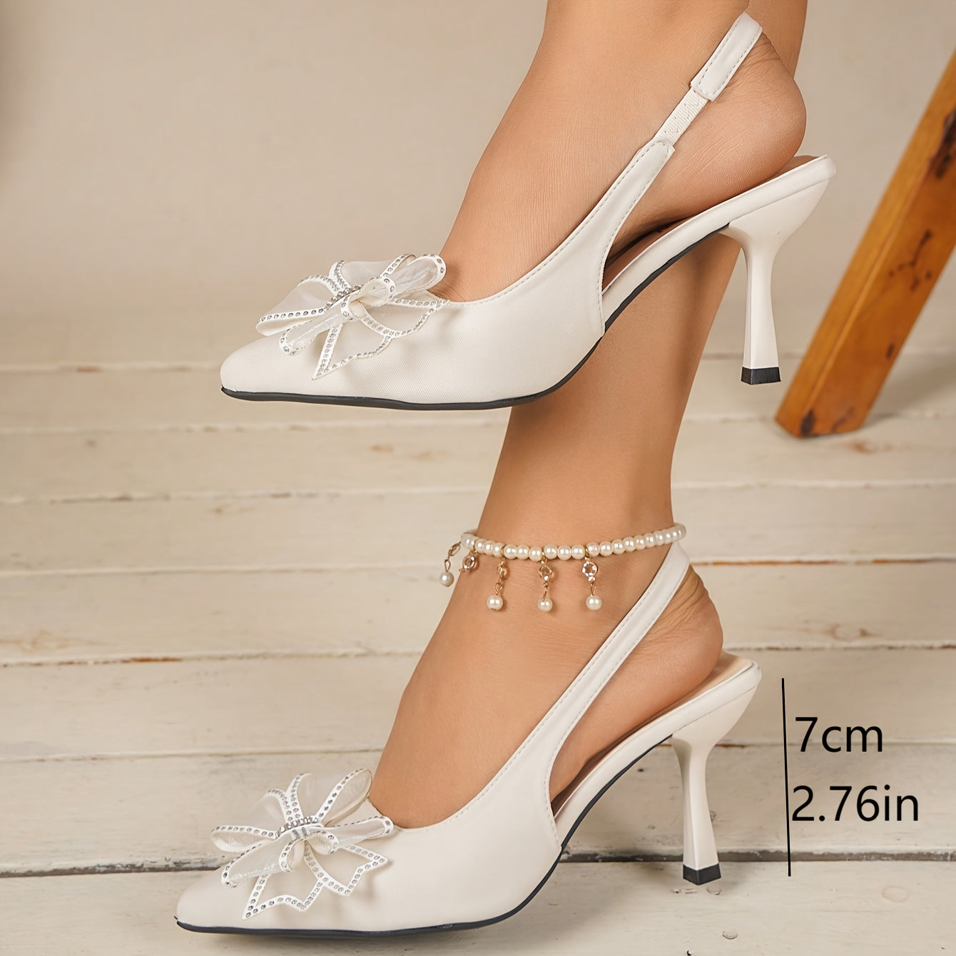 Women Black Pointed-Toe Heels with Bow Rhinestones Dress Pumps