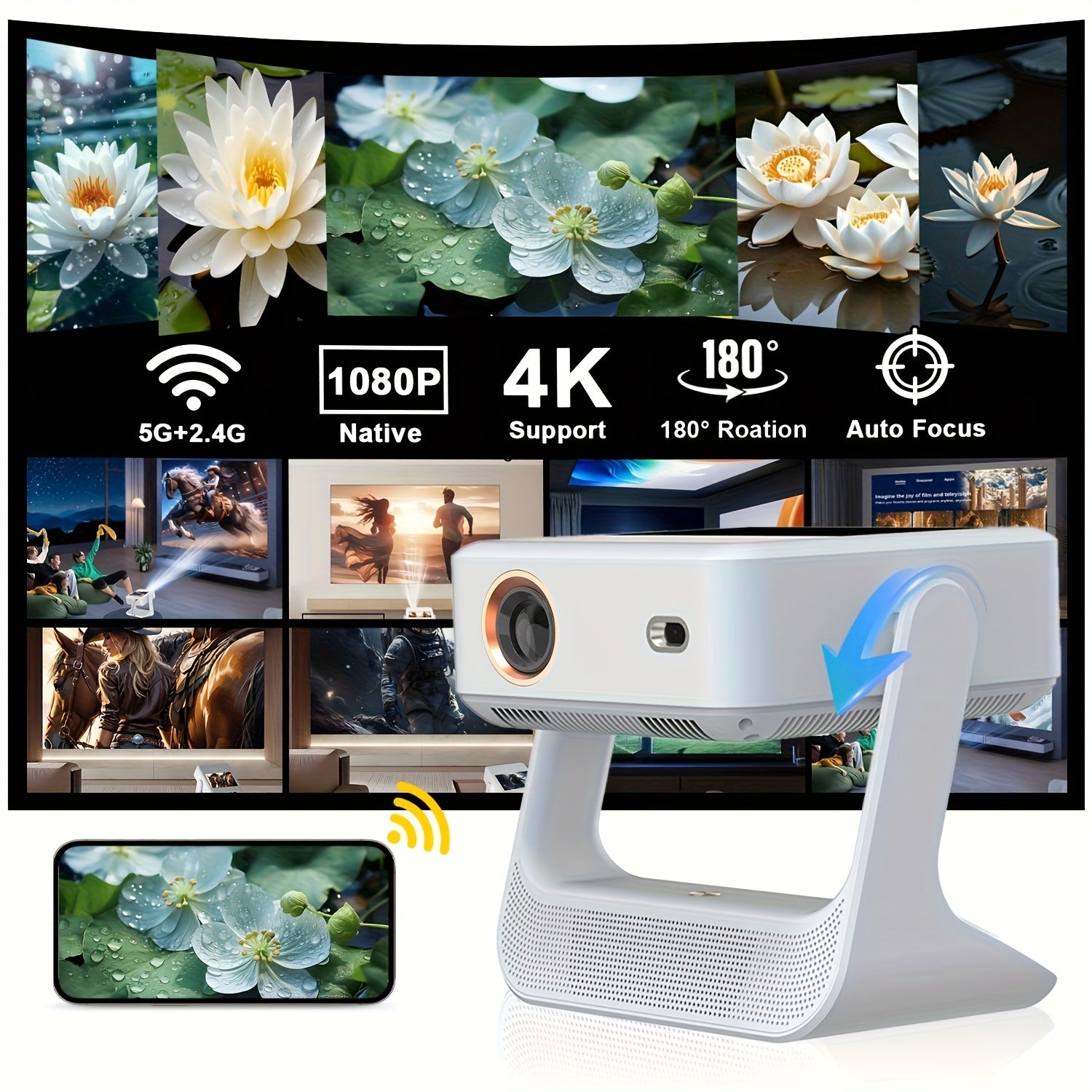 4K Supported Projector with Touch Screen, 1080p, WiFi 6 for Home Theater