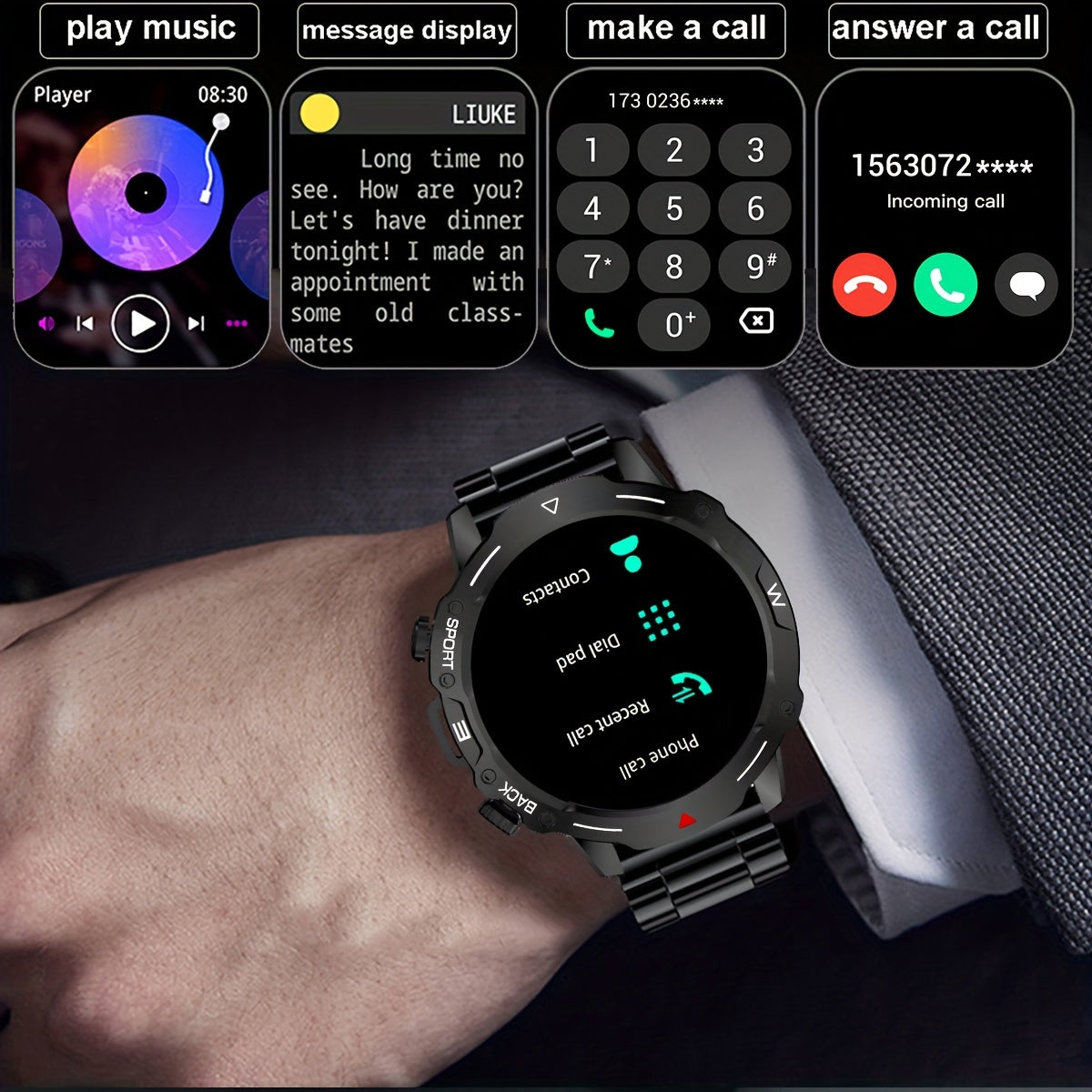 Men's Smartwatch Stainless Steel Band Fitness Tracker with Voice Call and Sports Modes