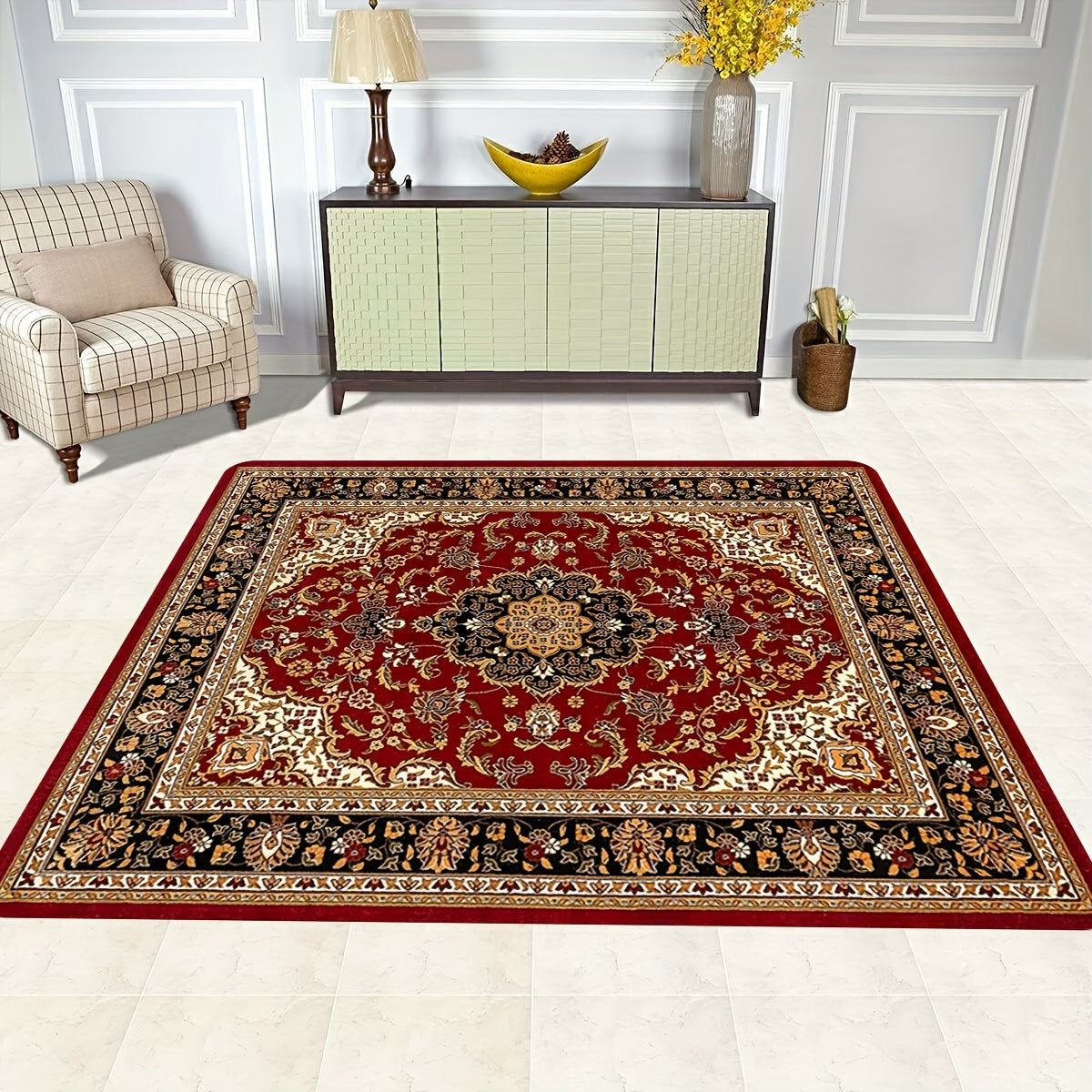 Red Vintage Patterned Flannel Non-Slip Floor Mat for Kitchen Bathroom Square 1cm Thick