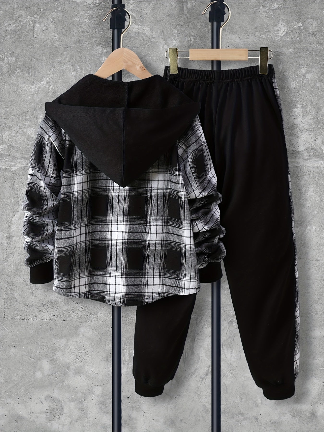 Kids Boys Autumn Plaid Hooded Shirt and Pants Set Long Sleeve Casual Clothing