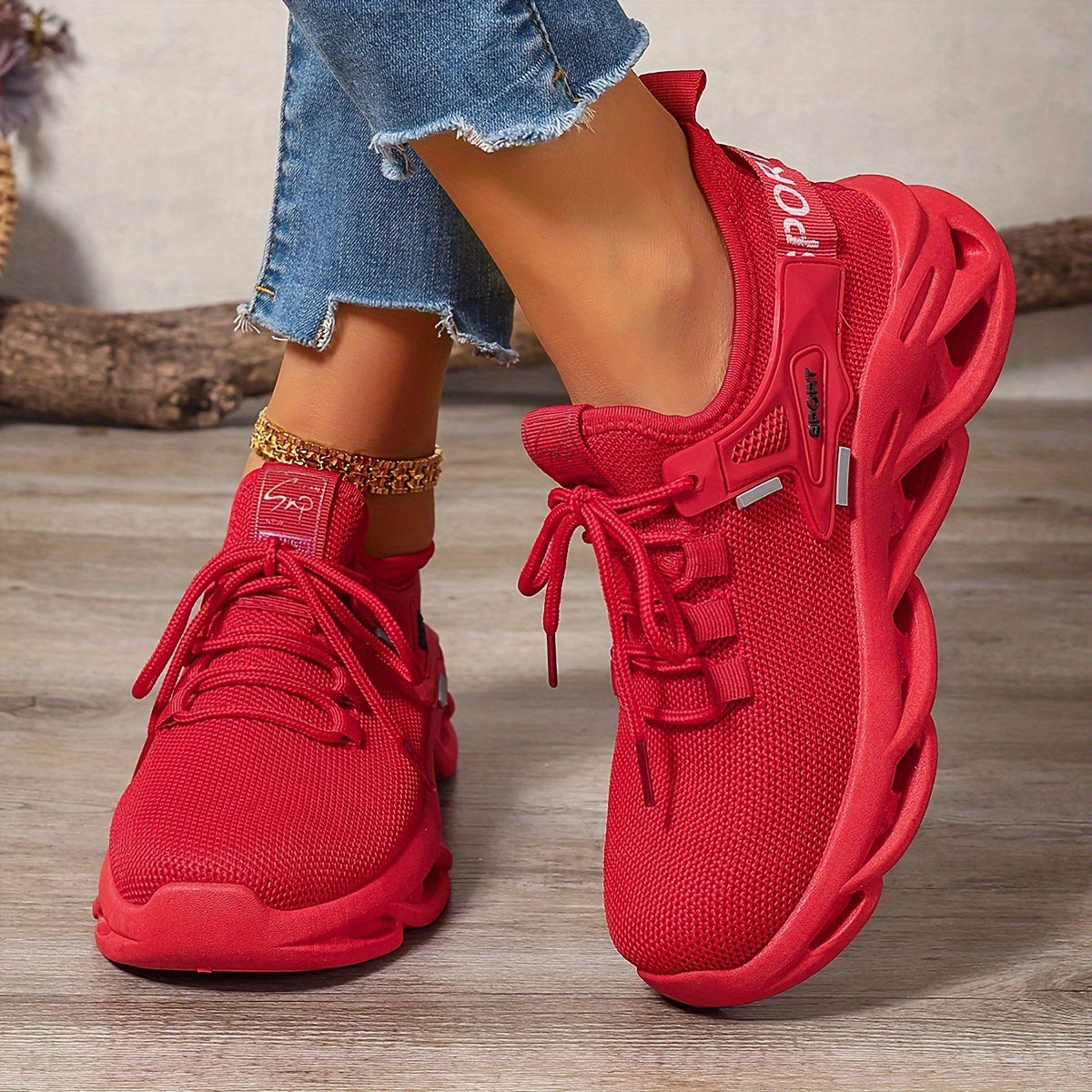 Women’s Red Breathable Knit Running Shoes Lightweight Cushion Sneakers
