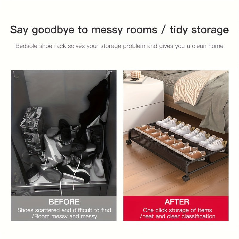 Zapatero bajo la cama con ruedas giratorias de 360° y organizador de metal para dormitorio, residencia, hogar