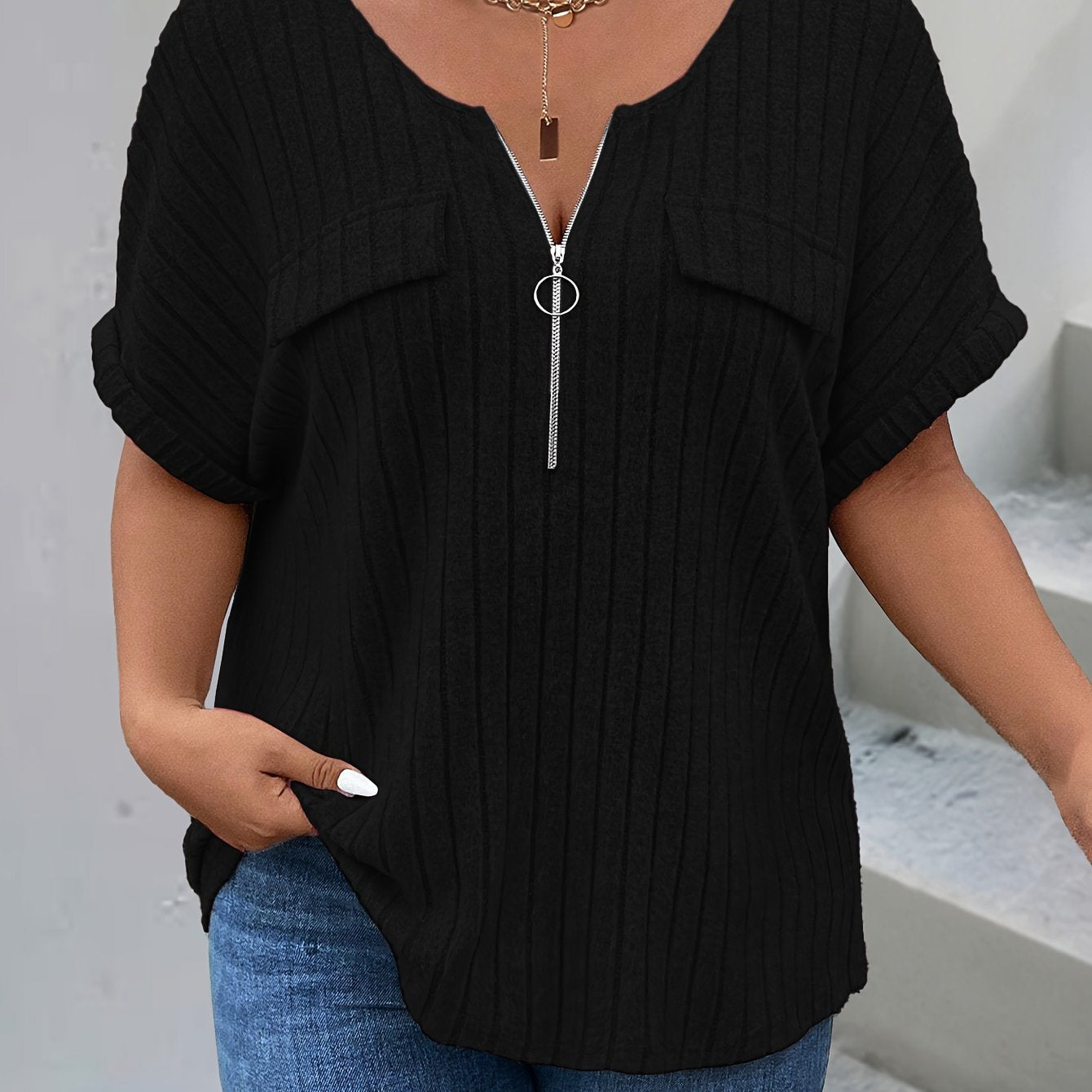 Women's Maroon Ribbed T-Shirt with Zip Pocket Casual Loose Fit Polyester Spandex Plus Size