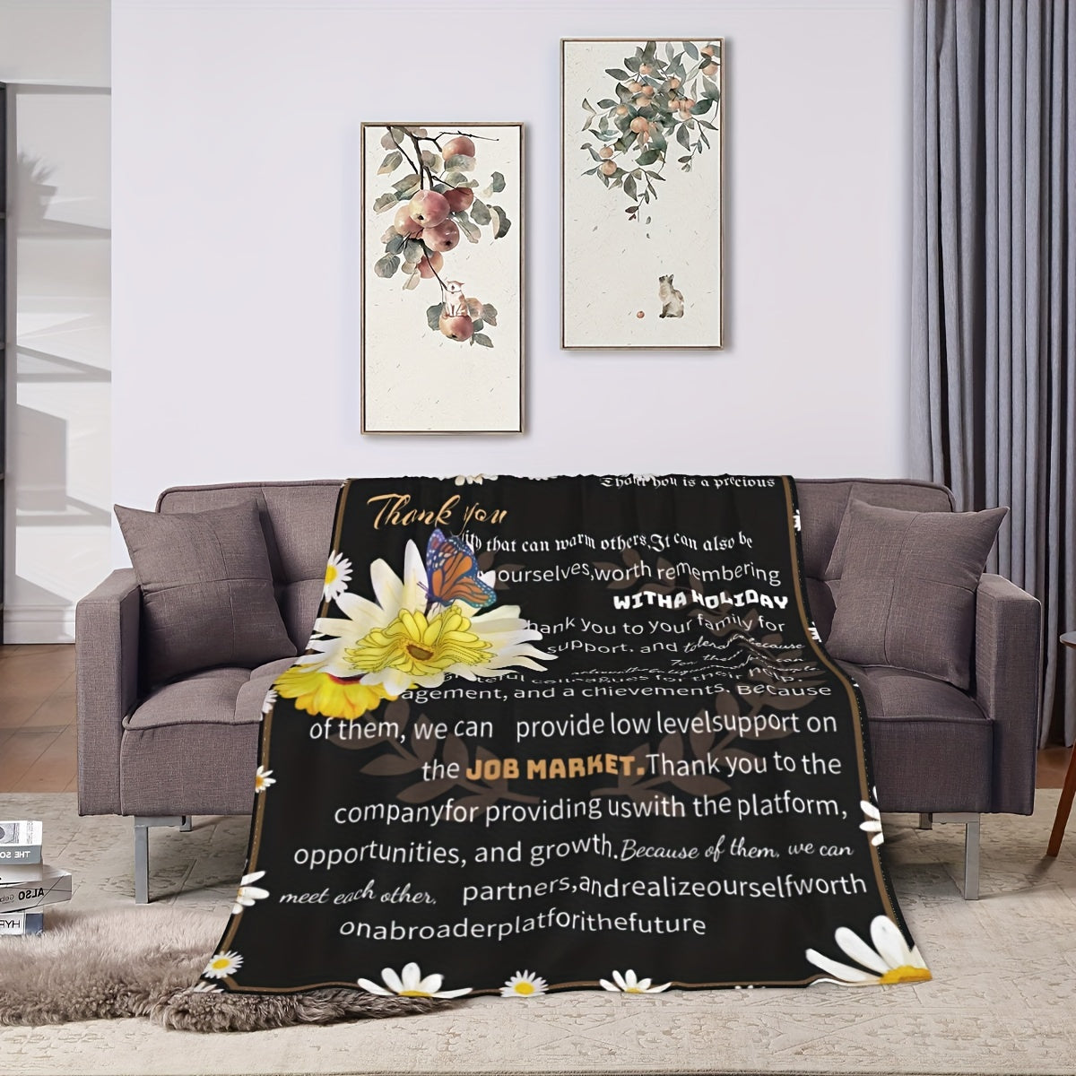 Knitted Polyester Throw Blanket with Thank You Message Floral Butterfly Design for All Seasons