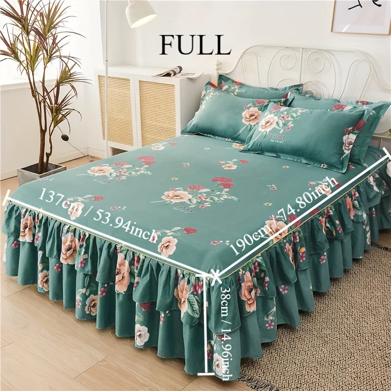 Flower Printed Bedding Set with Bed Skirt and Pillowcases All Seasons Universal